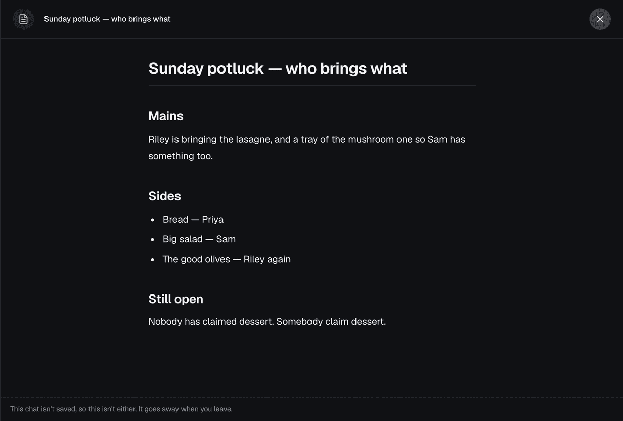 A document panel titled "Sunday potluck — who brings what", with headings for Mains, Sides and Still open, and a list of who is bringing the bread, the salad and the olives.