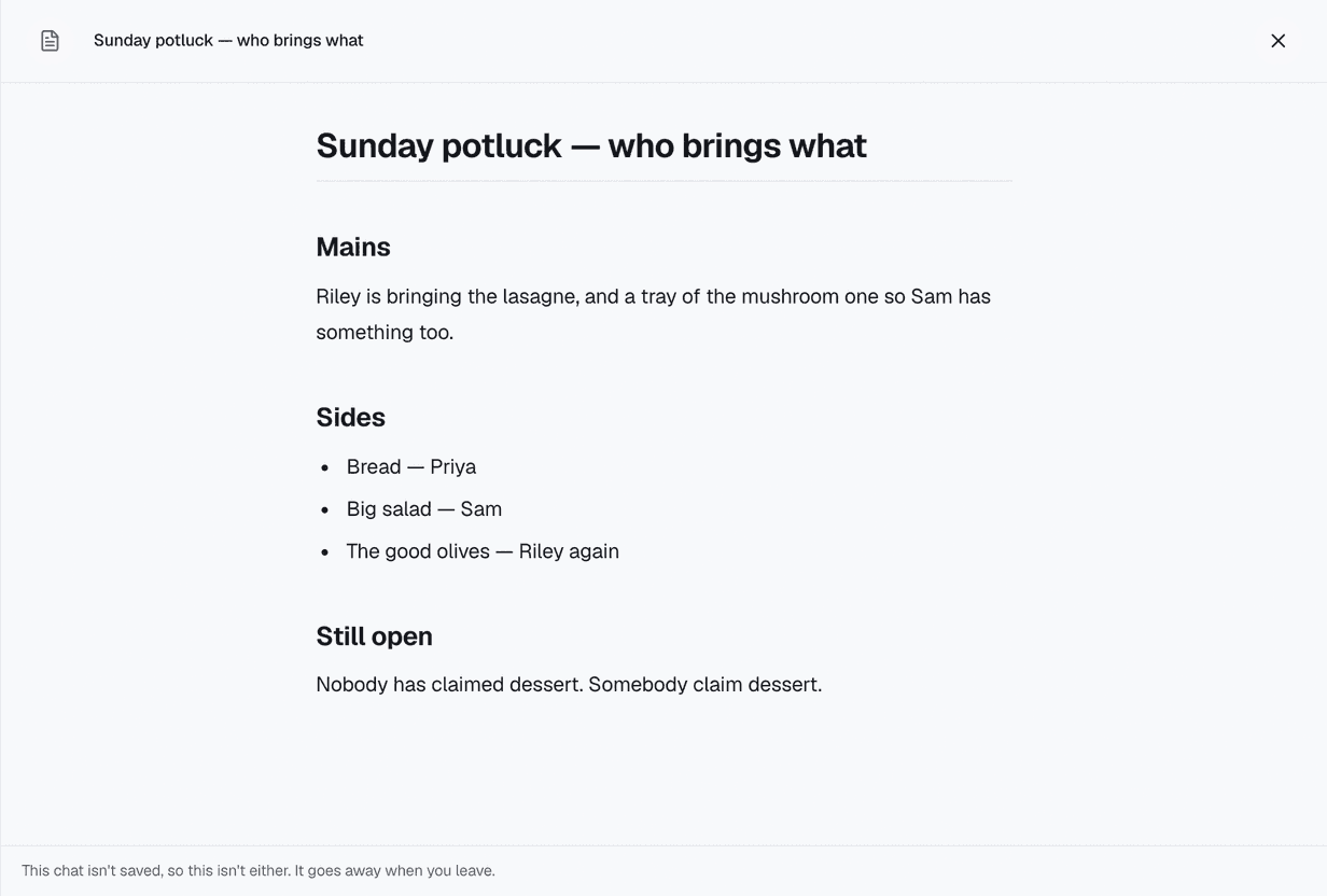 A document panel titled "Sunday potluck — who brings what", with headings for Mains, Sides and Still open, and a list of who is bringing the bread, the salad and the olives.