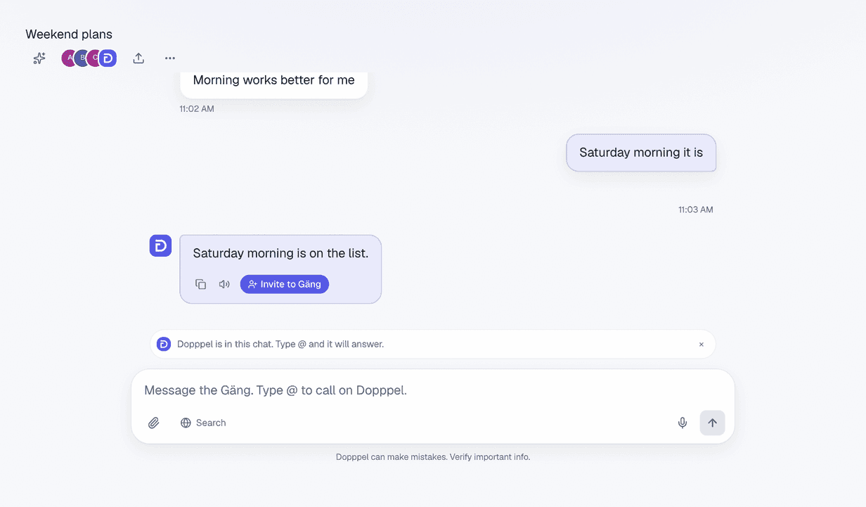 A Gäng called "Weekend plans" with four faces at the top. One person says "Morning works better for me", another says "Saturday morning it is", and Dopppel answers "Saturday morning is on the list." The box at the bottom says "Message the Gäng. Type @ to call on Dopppel."