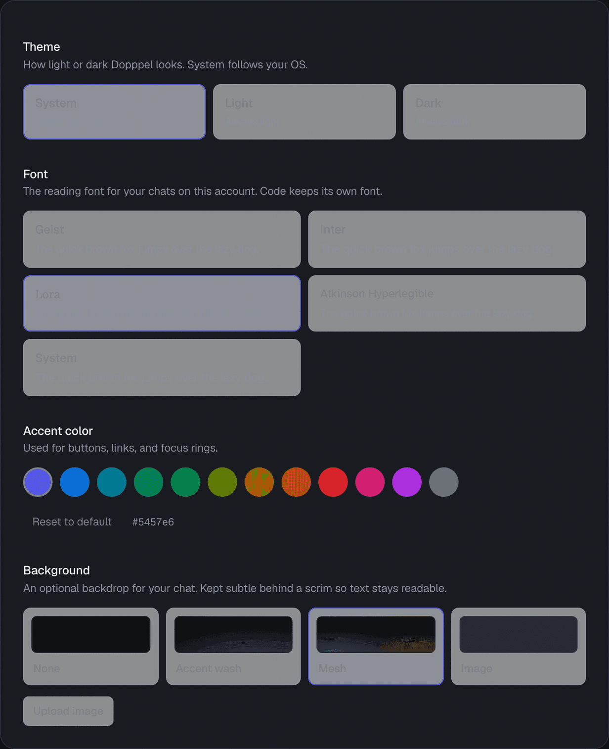 The Appearance page in Settings, showing three theme buttons for System, Light and Dark, five fonts each with a sample line, a row of twelve round color circles, and four background tiles named None, Accent wash, Mesh and Image.