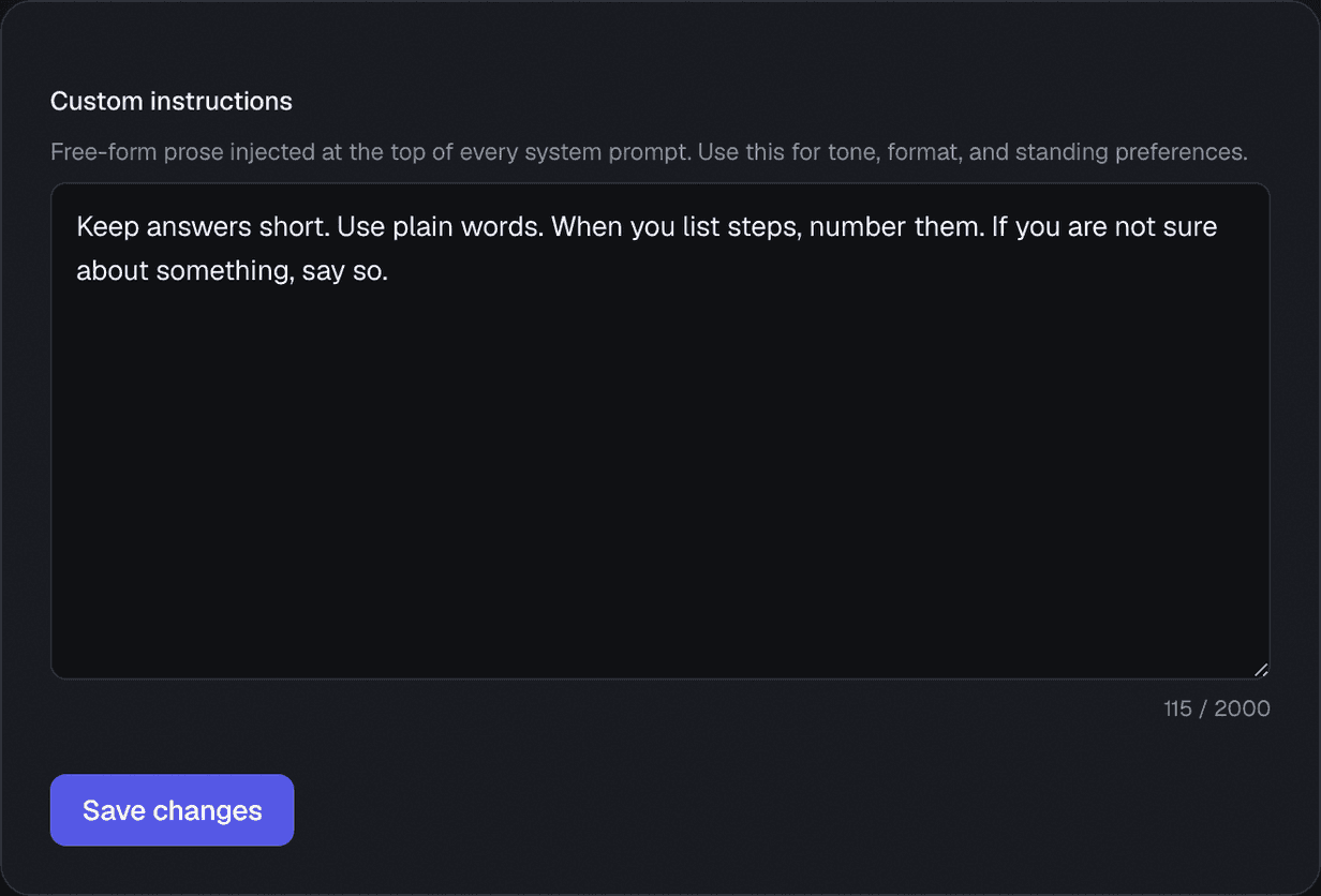 The Custom instructions page in Settings, with a wide text box holding a few plain sentences about keeping answers short and numbering steps, and a 115 of 2000 letter count under it.