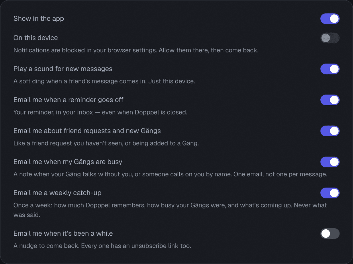 The Notifications page in Settings, a list of labelled switches for showing alerts in the app, alerts on this device, a sound for new messages, reminder email, friend request and Gäng email, busy Gäng email, a weekly catch-up, and a come-back nudge.